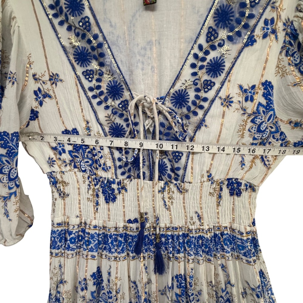 Anthropologie Me 2 Magic Tiered Dress Womens XL Blue Embroidered Tassel Tie Boho - Picture 8 of 15